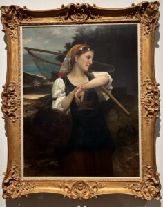 漁で使う網を担ぐ若い女の絵画